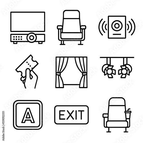 Cinema Icons Outline. Outline style icons of Cinema Experience: big screen projector, aisle seat, armrest cup holder, Dolby sound