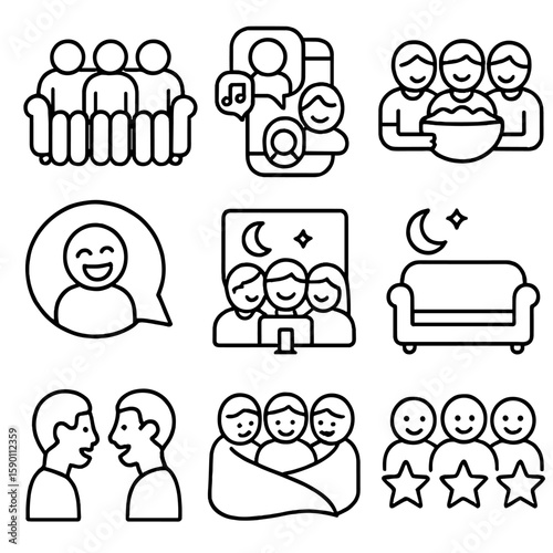 Friends Hangout Icons. Outline style icons of Friends Movie Hangout: group on couch, group text invite, shared snack bowl, laugh