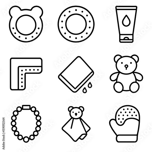Teething Comfort Icons. Outline style icons of Teething and Comfort Silhouette: silicone teether, chilled ring, soothing gel,