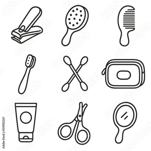 Baby Grooming Icons. Outline style icons of Baby Grooming Silhouette: nail trimmer, hairbrush, soft comb, baby toothbrush, cotton