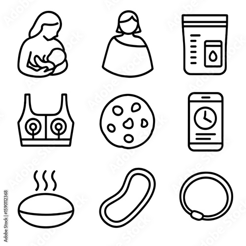 Nursing Essentials Icons. Outline style icons of Nursing Essentials Silhouette: breastfeeding icon, nursing cover, milk storage