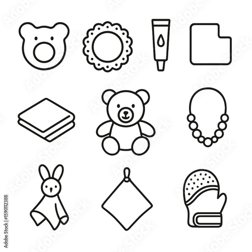 Teething Comfort Icons. Outline style icons of Teething and Comfort Silhouette: silicone teether, chilled ring, soothing gel,