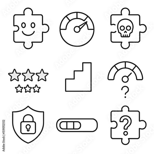 Puzzle Difficulty Icons. Outline style icons of Puzzle Difficulty Levels Silhouette: easy puzzle smile, medium dial, hard skull