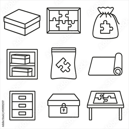 Puzzle Setup Icons. Outline style icons of Puzzle Setup and Storage Silhouette: closed box, puzzle frame insert, puzzle bag, shelf