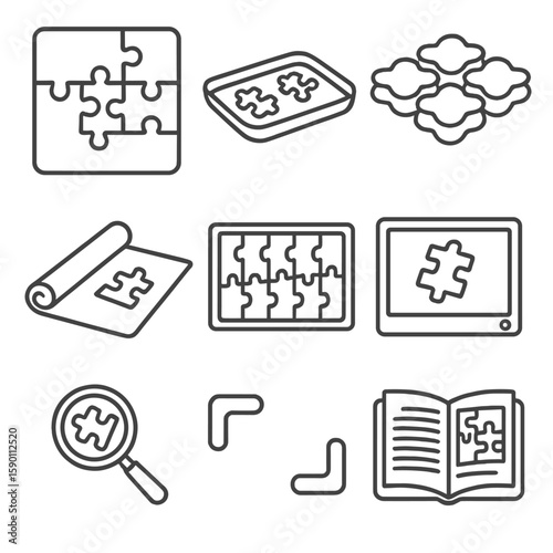Puzzle Tools Icons. Outline style icons of Puzzle Enthusiast Tools Silhouette: puzzle frame, storing tray, sorting box, anti-slip
