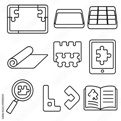 Puzzle Tools Icons. Outline style icons of Puzzle Enthusiast Tools Silhouette: puzzle frame, storing tray, sorting box, anti-slip