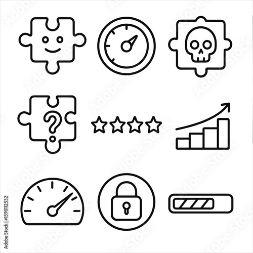 Puzzle Difficulty Icons. Outline style icons of Puzzle Difficulty Levels Silhouette: easy puzzle smile, medium dial, hard skull