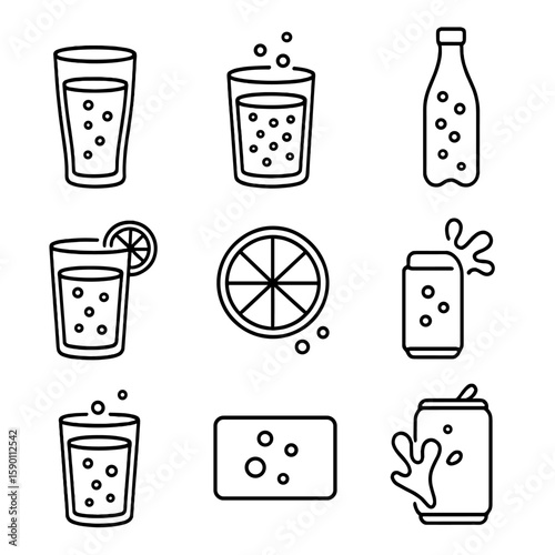 Sparkling Drink Icons. Outline style icons of Sparkling Refreshments Silhouette: carbonated drink glass, bubbles in cup, fizzing