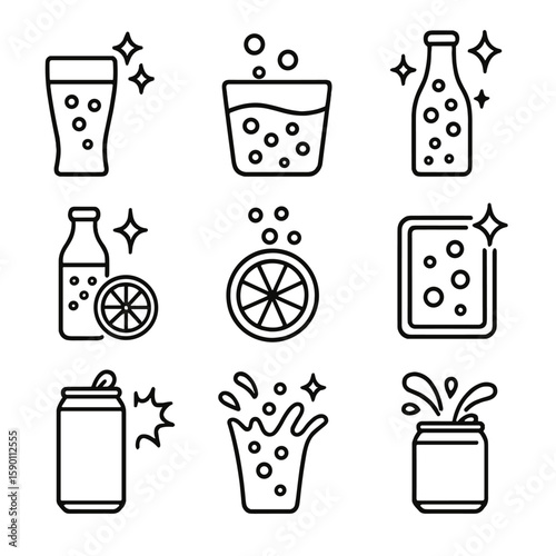 Sparkling Drink Icons. Outline style icons of Sparkling Refreshments Silhouette: carbonated drink glass, bubbles in cup, fizzing