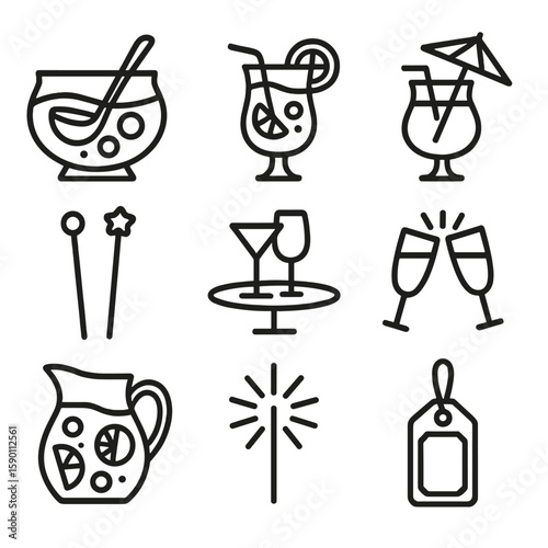 Party Drink Outlines. Outline style icons of Party Drinks Silhouette: punch bowl, fruity punch glass, cocktail stirrers, festive