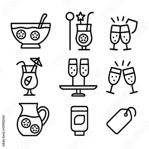 Party Drink Outlines. Outline style icons of Party Drinks Silhouette: punch bowl, fruity punch glass, cocktail stirrers, festive