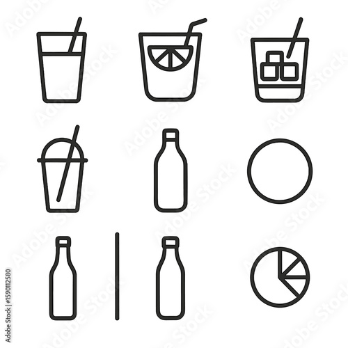 Minimalist Drink Icons. Outline style icons of Minimalist Drink Icons Silhouette: simple soda glass, outline lemon cup, flat ice