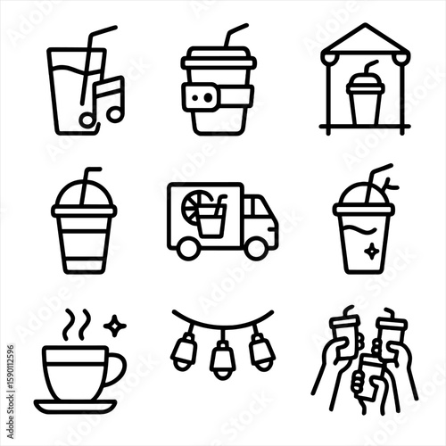Festival Beverage Icons. Outline style icons of Festival Beverages Silhouette: drink with music note, drink wristband, outdoor