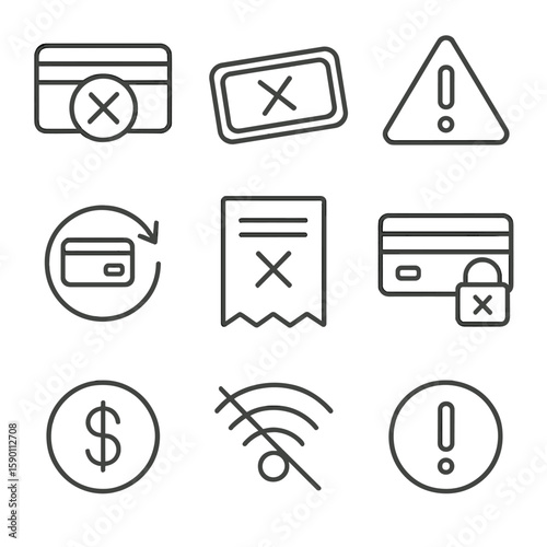 Payment Failure Icons. Outline style icons of Payment Failure: cross on card, declined stamp, error triangle, retry payment icon,