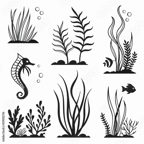 Underwater flora and fauna silhouettes marine life