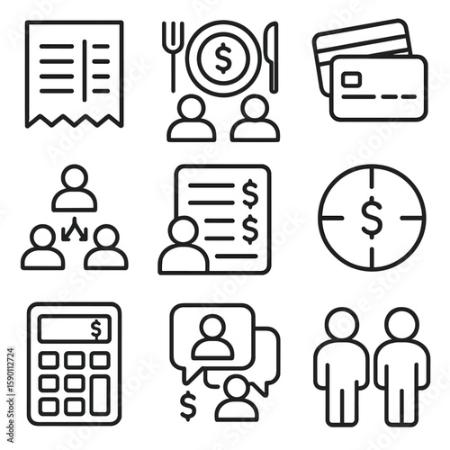 Split Payment Icons. Outline style icons of Split Bills: split receipt icon, shared dinner payment, dual card icon, group payment