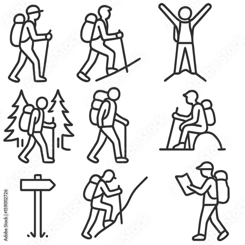 Hiking Silhouette Icons. Outline style icons of Hiking and Trekking Silhouette: silhouette with trekking poles, hiker on slope,
