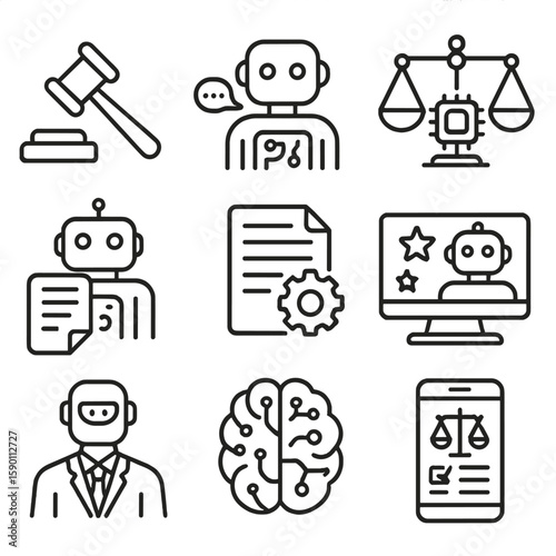 AI Law Icons. Outline style icons of AI in Law: digital judge gavel, AI legal assistant, justice balance with chip, contract