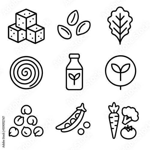Vegan Salad Icons. Outline style icons of Vegan Salad: tofu cubes, pumpkin seeds, kale leaf, beetroot slice, plant-based dressing,