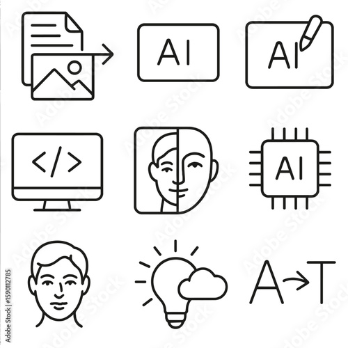 Generative AI Icons. Outline style icons of Generative AI: text to image icon, prompt arrow into output, AI canvas, code