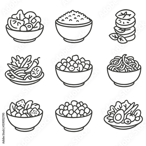 International Salad Icons. Outline style icons of International Salads: Greek salad icon, tabbouleh bowl, Caprese salad stack,