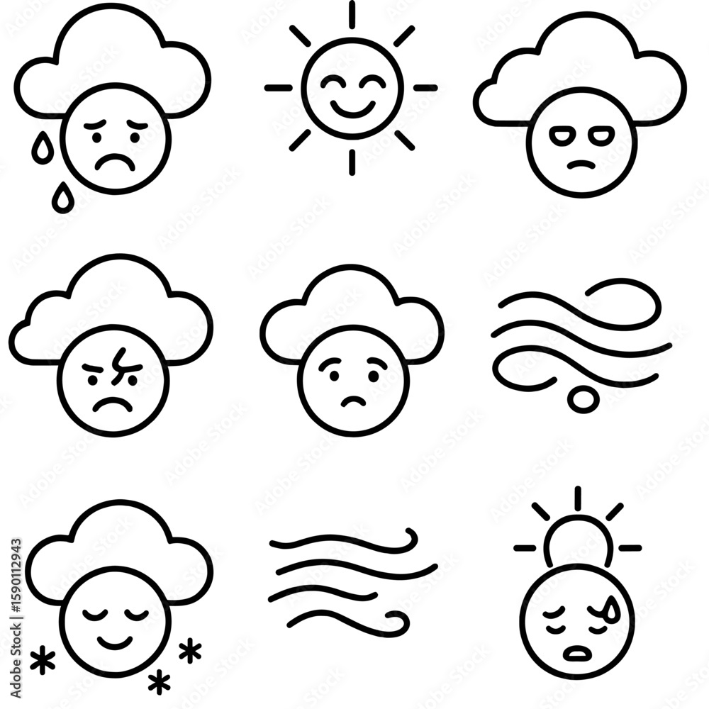 Weather Mood Icons. Outline style icons of Weather and Mood: rainy day blues, sunny happiness, cloudy boredom, stormy anxiety, fog