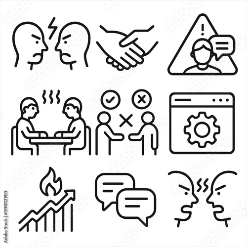 Conflict Resolution Icons. Outline style icons of Conflict Resolution Need: argument face-off icon, handshake missing,
