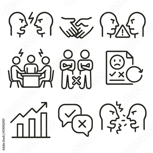 Conflict Resolution Icons. Outline style icons of Conflict Resolution Need: argument face-off icon, handshake missing,