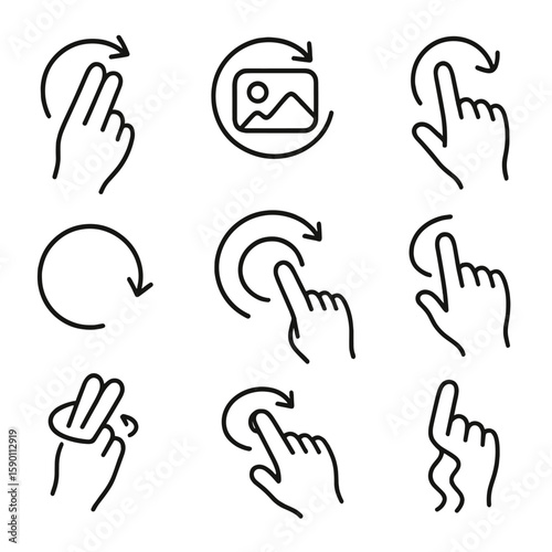 Gesture Rotation Icons. Outline style icons of Rotate and Twist: two-finger rotate clockwise, rotate counterclockwise, twist