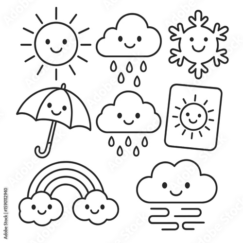 Playful Weather Icons. Outline style icons of Kids Weather Symbols: cartoon sun, smiling cloud, gentle rain icon, happy snowflake,