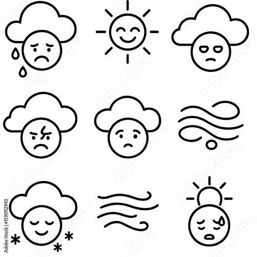 Weather Mood Icons. Outline style icons of Weather and Mood: rainy day blues, sunny happiness, cloudy boredom, stormy anxiety, fog
