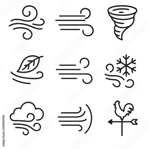Outline Wind Icons. Outline style icons of Windy Weather: swirling wind icon, strong gusts, tornado spiral, leaf blowing icon,