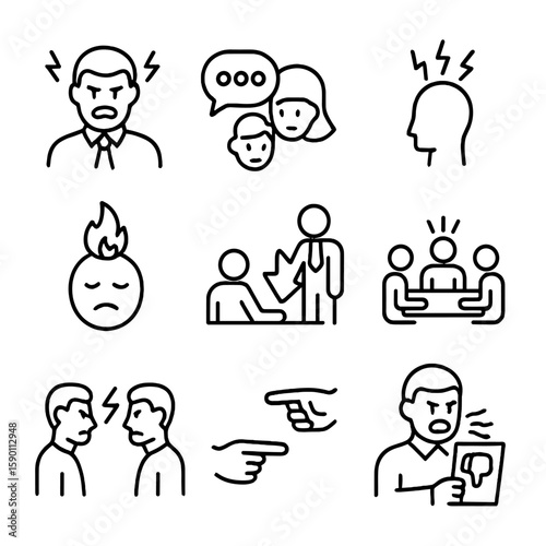 Toxic Workplace Icons. Outline style icons of Toxic Workplace: angry boss icon, gossip chat bubble, stress overload symbol,