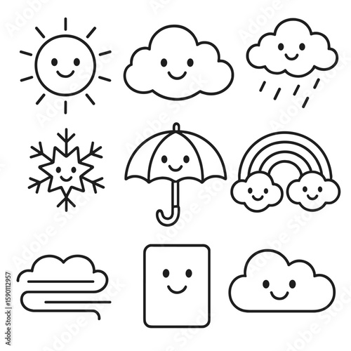 Playful Weather Icons. Outline style icons of Kids Weather Symbols: cartoon sun, smiling cloud, gentle rain icon, happy snowflake,