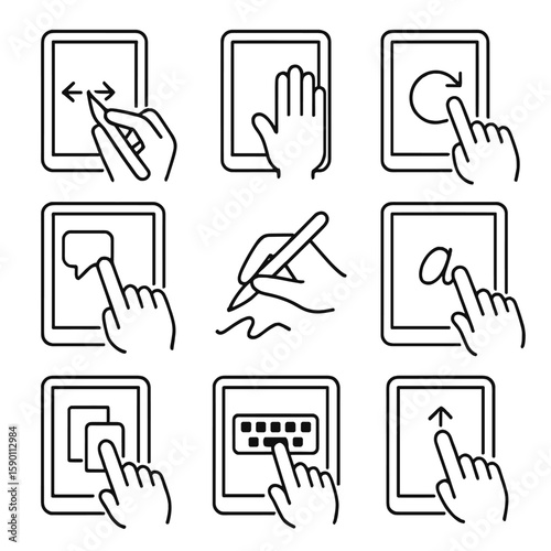 Tablet Gesture Icons. Outline style icons of Tablet Touch Gestures: stylus pinch, palm rejection hand, rotate on tablet, tap to