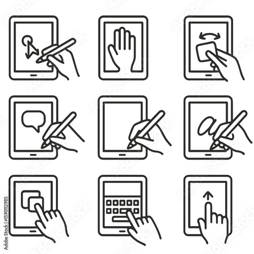 Tablet Gesture Icons. Outline style icons of Tablet Touch Gestures: stylus pinch, palm rejection hand, rotate on tablet, tap to