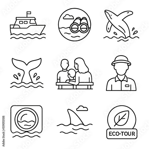 Whale Watching Icons. Outline style icons of Whale Watching Tours: tour boat icon, binoculars over sea, breaching whale, tail