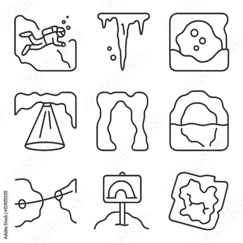 Underwater Cave Icons. Outline style icons of Underwater Caves and Caverns: cave diver, stalactite underwater, air bubble pocket,