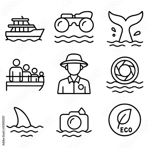 Whale Watching Icons. Outline style icons of Whale Watching Tours: tour boat icon, binoculars over sea, breaching whale, tail