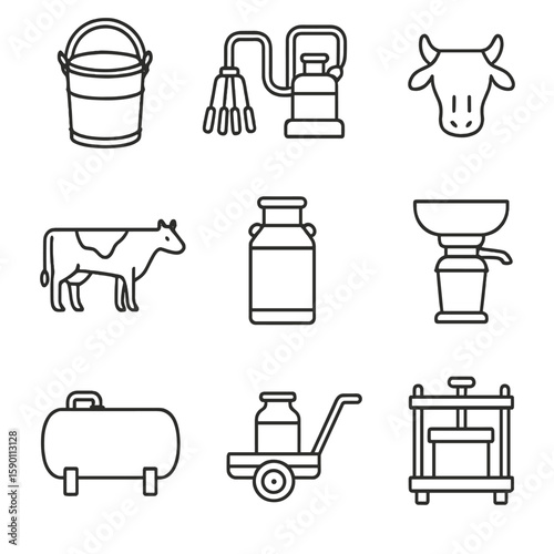 Dairy Equipment Icons. Outline style icons of Dairy Equipment: milk bucket, milking machine, udder diagram, dairy cow icon, milk