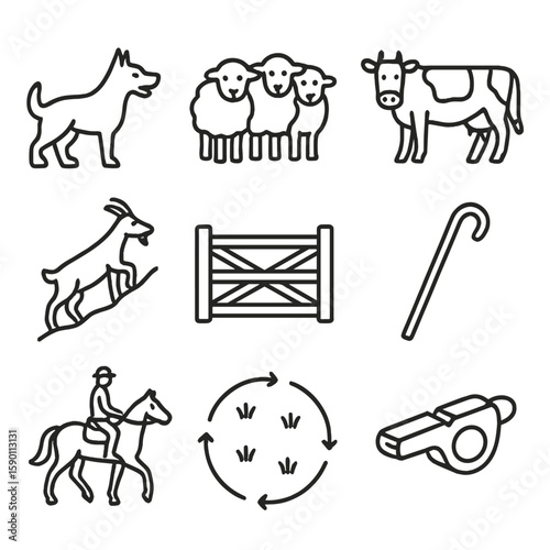 Herding Icons Outline. Outline style icons of Grazing and Herding: herding dog, sheep flock, cattle herd, goat climb, pasture gate