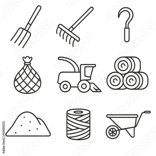 Hay Tools Icons. Outline style icons of Hay and Forage Tools: pitchfork, hay rake, bale hook, hay net, forage harvester, stacked