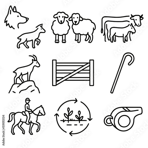 Herding Icons Outline. Outline style icons of Grazing and Herding: herding dog, sheep flock, cattle herd, goat climb, pasture gate