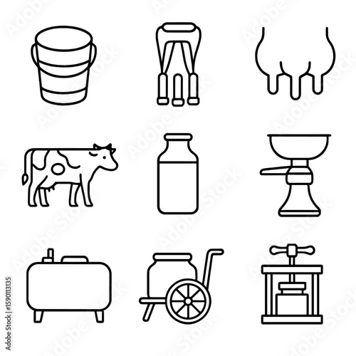 Dairy Equipment Icons. Outline style icons of Dairy Equipment: milk bucket, milking machine, udder diagram, dairy cow icon, milk