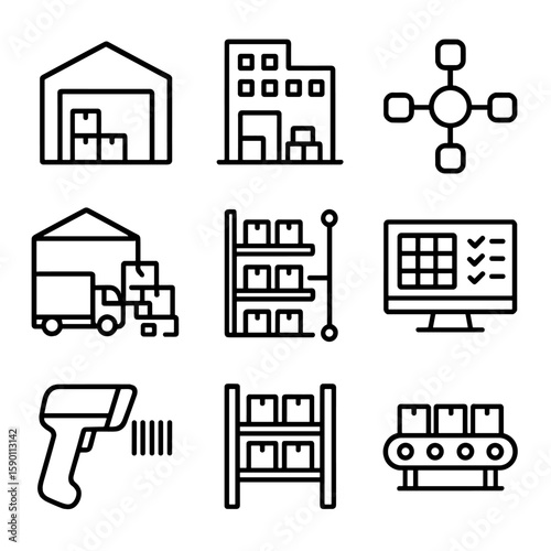 Logistics Icons Set. Outline style icons of Logistics Infrastructure: warehouse icon, fulfillment center, logistics hub,
