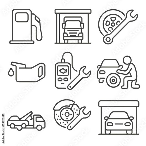 Maintenance Icons Set. Outline style icons of Fueling and Maintenance: fuel pump, truck service station, tire change icon, oil