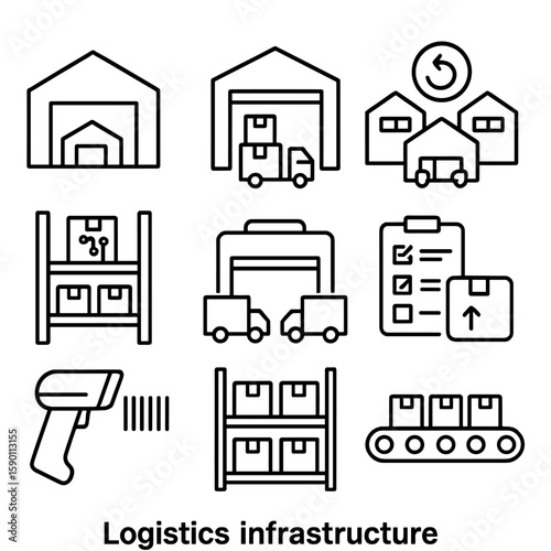 Logistics Icons Set. Outline style icons of Logistics Infrastructure: warehouse icon, fulfillment center, logistics hub,