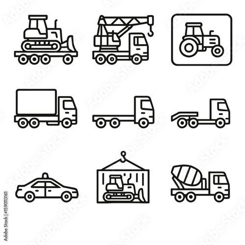 Heavy Machinery Icons. Outline style icons of Heavy Machinery Transport: bulldozer on trailer, crane transport, oversized load