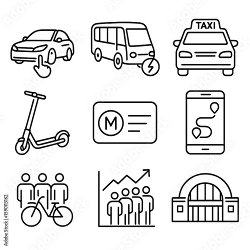 Urban Mobility Icons. Outline style icons of Crowd Mobility Transport: ride-hailing car, electric shuttle, smart taxi icon, shared