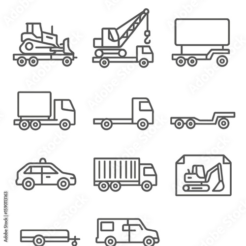 Heavy Machinery Icons. Outline style icons of Heavy Machinery Transport: bulldozer on trailer, crane transport, oversized load